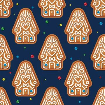 Seamless Pattern with Christmas Gingerbread House on Blue. Vector Illustratio Stock Illustration