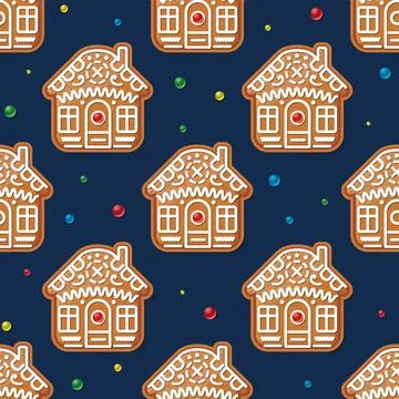 Seamless Pattern with Christmas Gingerbread House on Blue. Vector Illustratio Stock Illustration