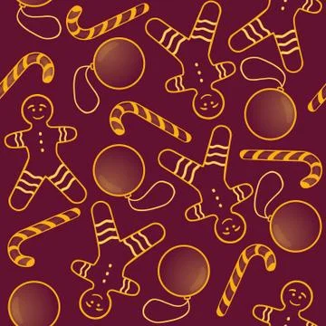 Seamless pattern , christmas gingerbread man, candy cane, tree ball, vector i Stock Illustration