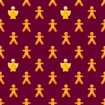 Seamless pattern with christmas gingerbread man and guardian angel, raster il Stock Illustration