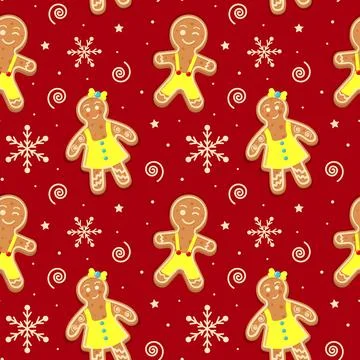 Seamless pattern with Christmas gingerbread men and women, stars, spiral an.. イラスト素材