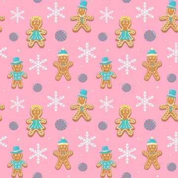 Seamless pattern with Christmas gingerbread men and women, snowflakes and r.. Stock Illustration