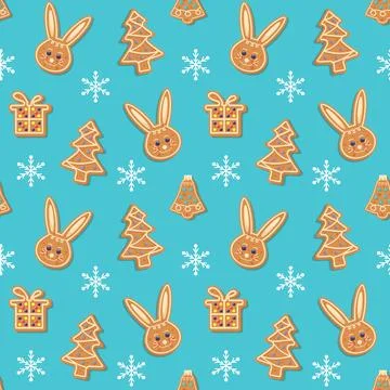 Seamless pattern with Christmas gingerbread rabbit, fir tree, bell, gift bo.. Illustrazione stock