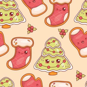 Seamless pattern with Christmas gingerbread tree with garland, stocking and.. Illustrazione stock