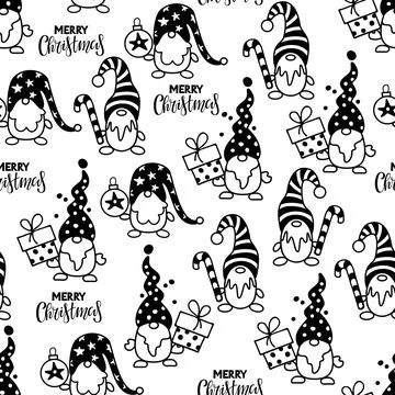 Seamless pattern with Christmas gnomes and Merry Christmas lettering. Design for Stock Illustration