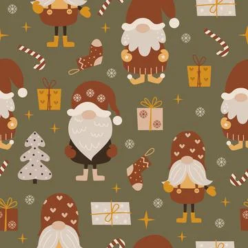 Seamless pattern with Christmas gnomes. Stock Illustration