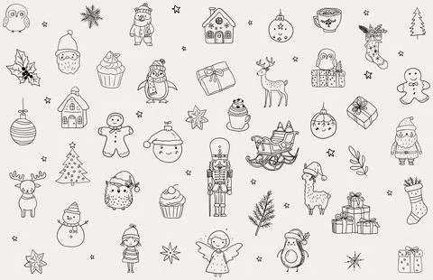 Seamless pattern of Christmas hand drawn whimsical line art icons. Stock Illustration