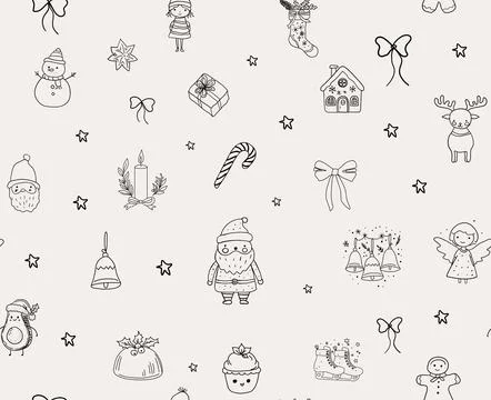 Seamless pattern of Christmas hand drawn whimsical line art icons 2. Stock Illustration