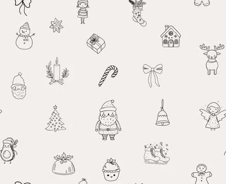Seamless pattern of Christmas hand drawn whimsical line art icons 3. Stock Illustration