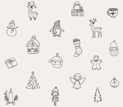 Seamless pattern of Christmas hand drawn whimsical line art icons 5 Stock Illustration