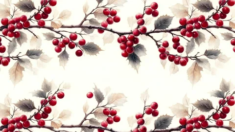 A seamless pattern of Christmas holly branches in watercolor style Stock Footage 288357047