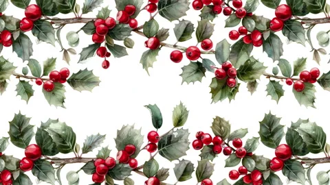 A seamless pattern of Christmas holly branches in watercolor style Stock Footage 288989479