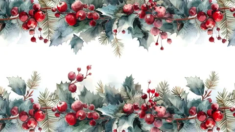 A seamless pattern of Christmas holly branches in watercolor style. Stock Footage 289535189