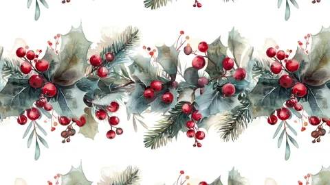 A seamless pattern of Christmas holly branches in watercolor style Stock Footage 289535355