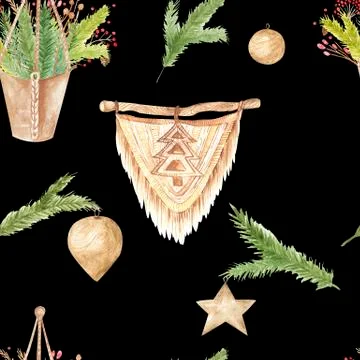 Seamless pattern Christmas home decor Hanging pot, macrame wall hanging Stock Illustration