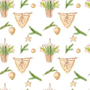 Seamless pattern Christmas home decor Hanging pot, macrame wall hanging Ilustración de archivo