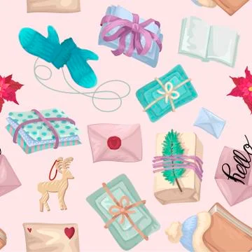 Seamless pattern. A Christmas illustration with envelopes and gifts and a Stock Illustration