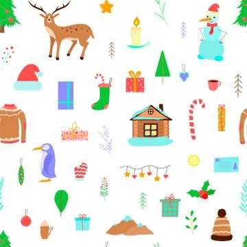 Seamless pattern of Christmas illustrations. Vector cartoon background. Stock Illustration