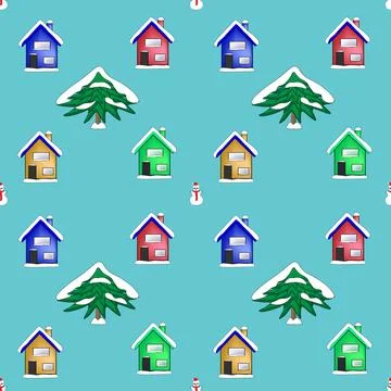 Seamless pattern with Christmas items and symbols. Multi-colored houses and fir Illustrazione stock