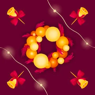 Seamless pattern with christmas lights, wreath and bells Stock Illustration