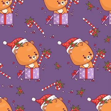Seamless pattern with Christmas little bear cub wearing Santa hat in gift b.. 스톡 일러스트