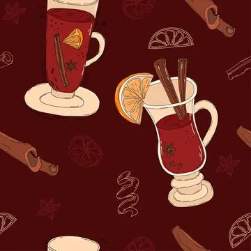 Seamless pattern with Christmas mulled wine. cocktail glass with slice of citrus Stockillustratie