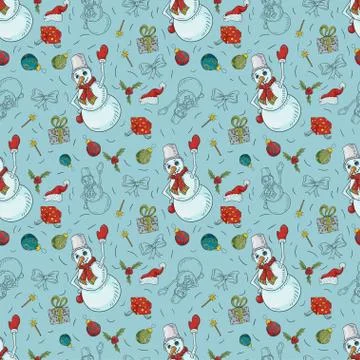 Seamless pattern Christmas new year color and contour illustrations childrens Stock Illustration
