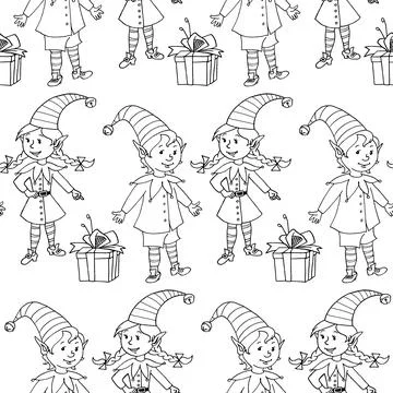 Seamless pattern with Christmas outline elves, gift boxes. New year Xmas back Stock Illustration