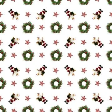 A seamless pattern, a Christmas pattern of Santa Claus figurines and a wreath Stock Photos