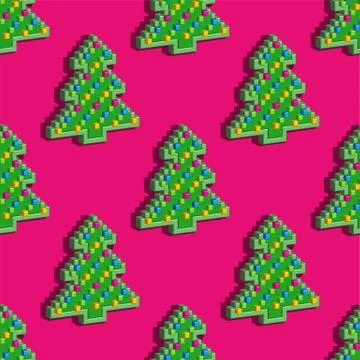 Seamless pattern. Christmas pixel tree on pink Stock Illustration