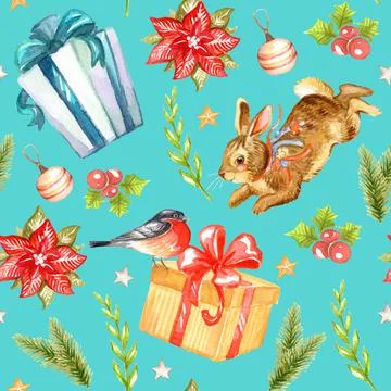 Seamless pattern Christmas plants and bullfinch watercolor Stock Illustration