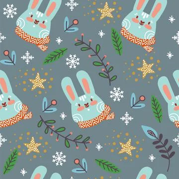 Seamless pattern christmas rabbit heads background vector illustration gray Stock Illustration