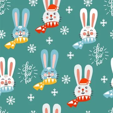 Seamless pattern christmas rabbits and snowflakes on turquoise background vec Stock Illustration