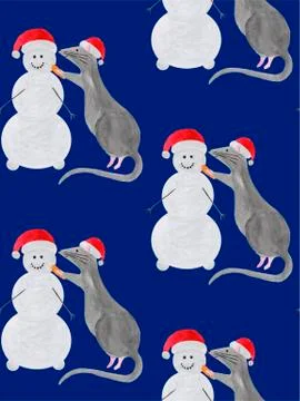 Seamless pattern with Christmas rat building snowman Ilustración de archivo