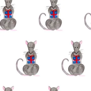 Seamless pattern with Christmas rat holding gift box 스톡 일러스트