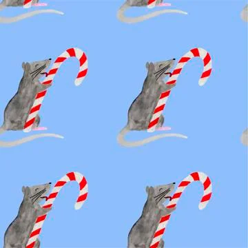 Seamless pattern with Christmas rat licking candy cane Illustrazione stock