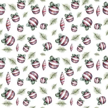 Seamless pattern with christmas red ball and branch. Hand drawn watercolor ch Stock Illustration