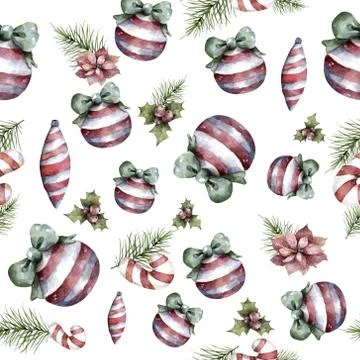 Seamless pattern with christmas red ball and branch. Hand drawn watercolor ch Stock Illustration