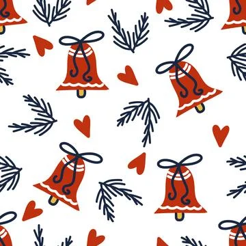 Seamless pattern with Christmas red bells and floral branches. Textile or Illustrazione stock
