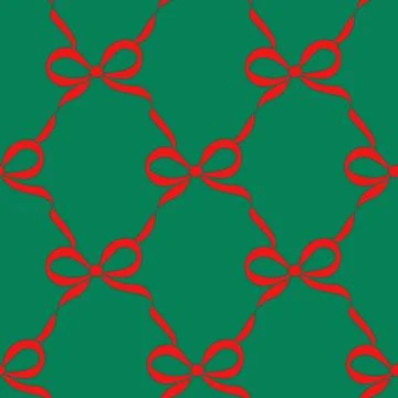 Seamless pattern with Christmas red bows on a green background. Cute print .. Illustrazione stock