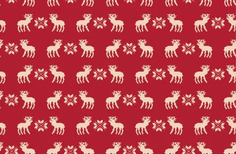 Seamless pattern of Christmas reindeer pixel art on a red background. Stock Illustration