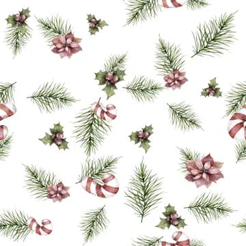 Seamless pattern with christmas rspruce tree branch. Hand drawn watercolor ch Stock Illustration