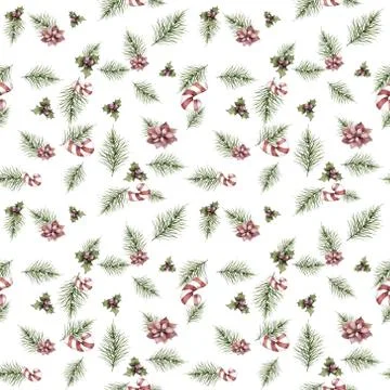 Seamless pattern with christmas rspruce tree branch. Hand drawn watercolor ch Stock Illustration