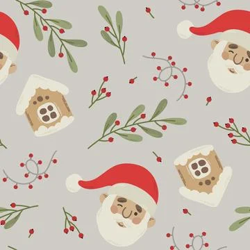 Seamless pattern christmas santa, gingerbread house Stock Illustration