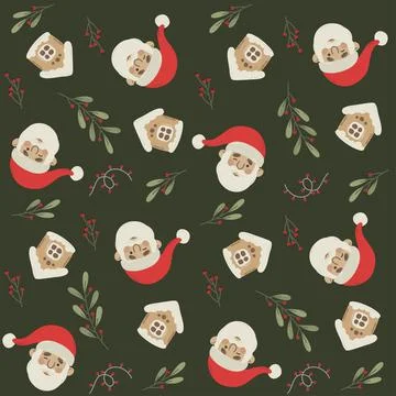 Seamless pattern with christmas santa, plants Stock Illustration