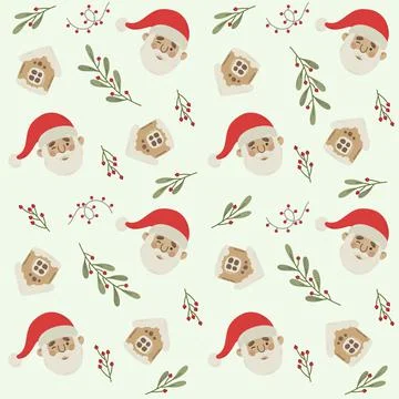 Seamless pattern with christmas santa, plants Stock Illustration
