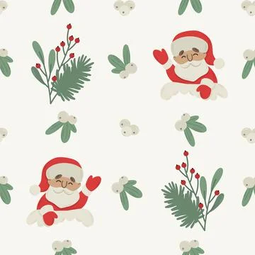 Seamless pattern with christmas santa, plants Stock Illustration