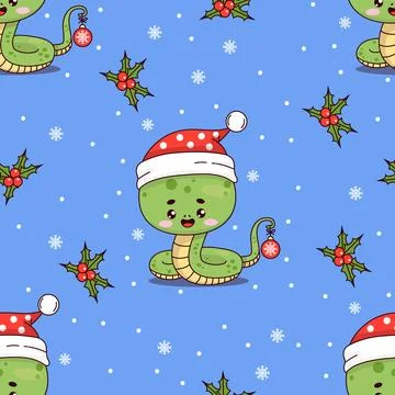 Seamless pattern with Christmas snake wearing Santa hat on blue background with 스톡 일러스트