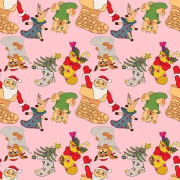 Seamless pattern Christmas sock animals and gifts 1 Stock Illustration