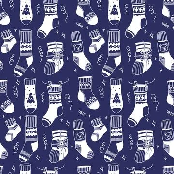 Seamless Pattern Christmas Socks and Stockings Hand Drawn. White Knitted Wi.. イラスト素材
